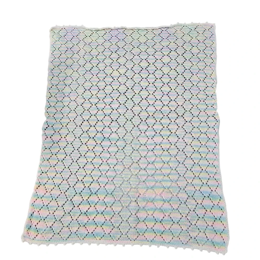 Vintage Handmade Pastel Rainbow Knit Baby Blanket‎ Crocheted Trim Unisex Grandma